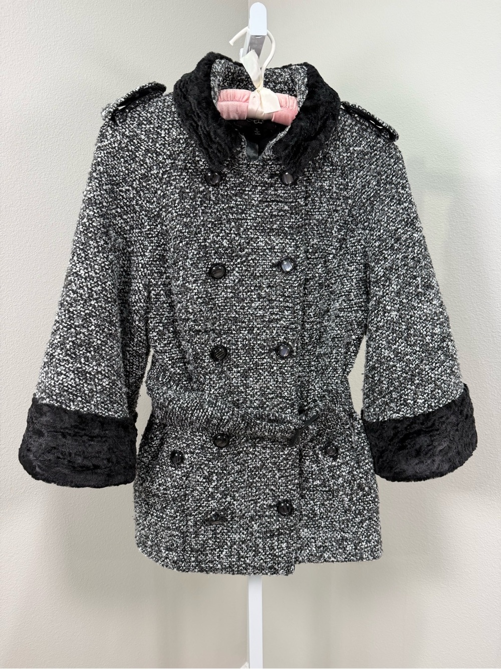 Y2K - Luii Black & White Bouclé Faux Fur Trim Belted Peacoat Jacket Small